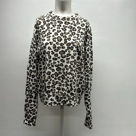 Monrow Sweatshirt Top Crew Neck Long Sleeve Leopard Animal Print White Brown XS - Picture 2 of 9